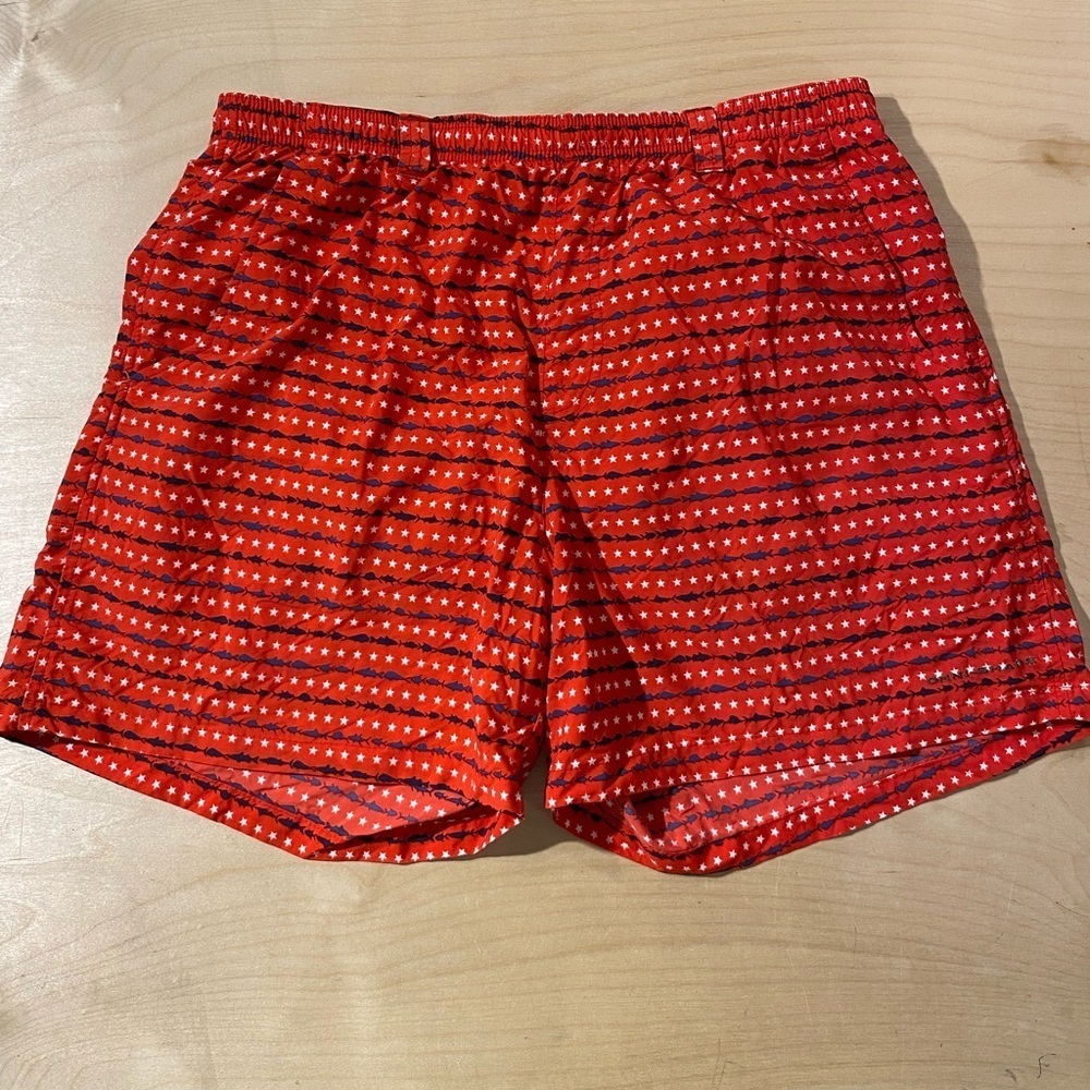 Columbia Red and White Star and Fish Pattern Swim Trunks Large (OE)